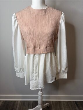 SHEIN Two-Tone Layered Button-Down Shirt - Blush Pink and White Large Office